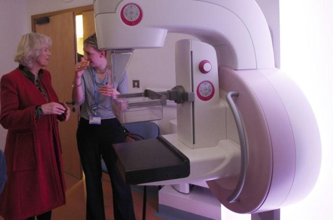 Britain''s Camilla, Duchess of Cornwall is shown a mammogram scanner during a visit to Nottingham Breast Institute in Nottingham