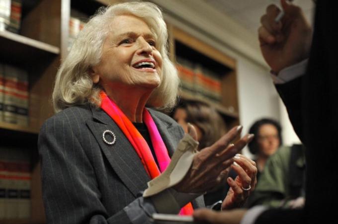 Windsor, who says the Defense of Marriage Act discriminates against gay couples in violation of the U.S. Constitution, speaks to the media in New York