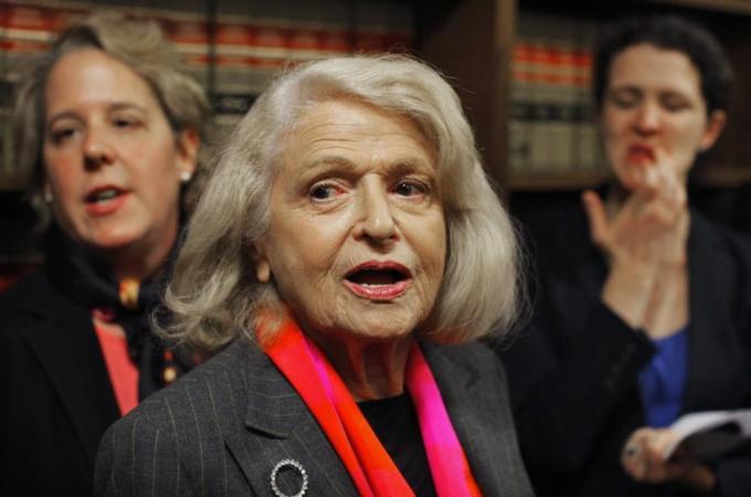 Windsor, who says the Defense of Marriage Act discriminates against gay couples in violation of the U.S. Constitution, speaks to the media in New York