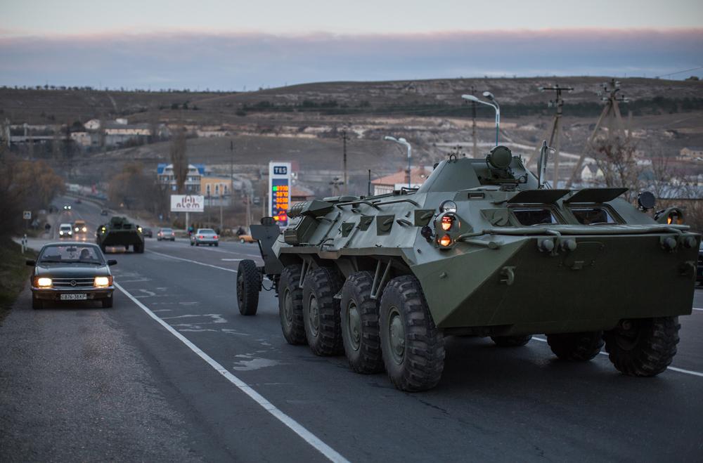 Russian APCs drive on the road outside Simferopol, Crimea, a Black Sea peninsula that Moscow annexed from Ukraine in March.