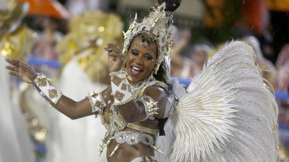 A reveller from the Viradouro samba school participates in the annual carnival parade in Rio de Janeiro''s Sambadrome