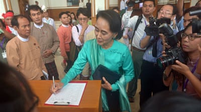 National League for Democracy chairperson Aung San Suu Kyi is barred from the presidency by a controversial charter [Phyo Hein Kyaw/AFP/Getty Images]