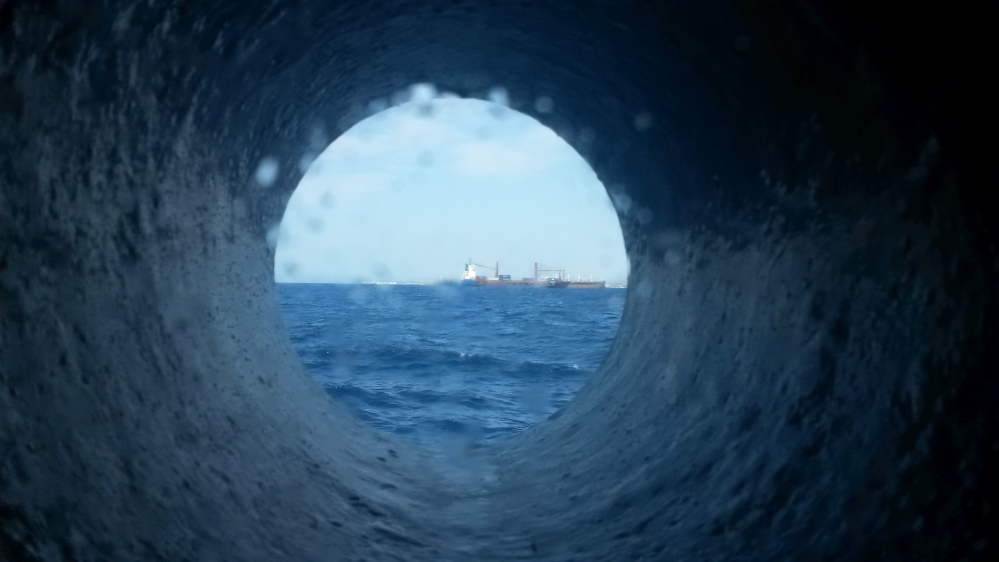 View from the cabin of the refugees rescue boat, Dignity [Barnaby Phillips / Al Jazeera]