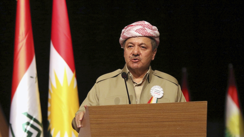 Iraqi Kurdish regional President Massoud Barzani speaks during a ceremony in Dohuk