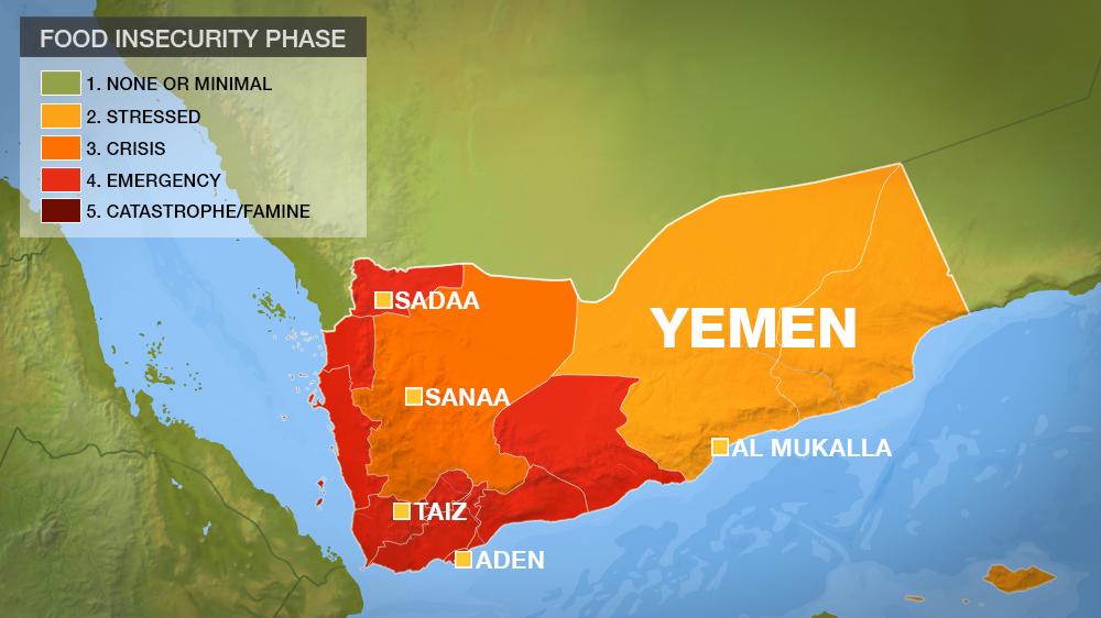Acute food security outcomes as per the Integrated Food Security Phase Classification in Yemen in October 2015 [FEWS NET]
