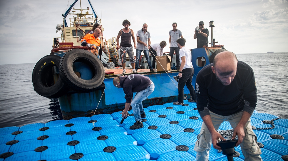  Aylan 1, the first of 1,000 rescue platforms, was installed in the Mediterranean in October 2015 [Alexander Lehmann & Nick Jaussi/Center for Political Beauty]  