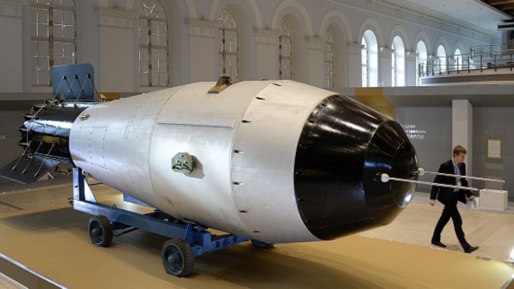 A mockup of a Soviet AN-602 hydrogen bomb is displayed at the exhibition devoted to the 70th anniversary of Russia''s nuclear industry in Moscow [AFP]
