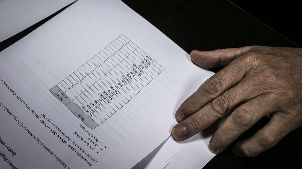 Gezim Goci, the director of the detention centre in Karrec, with a list of those detained there [Nicola Zolin/Al Jazeera] 