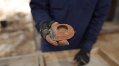 Archeological finds at the excavation site of a large winery dating back some 1,600 years, possibly from to the Roman or Byzantine period, in Jerusalem [EPA]