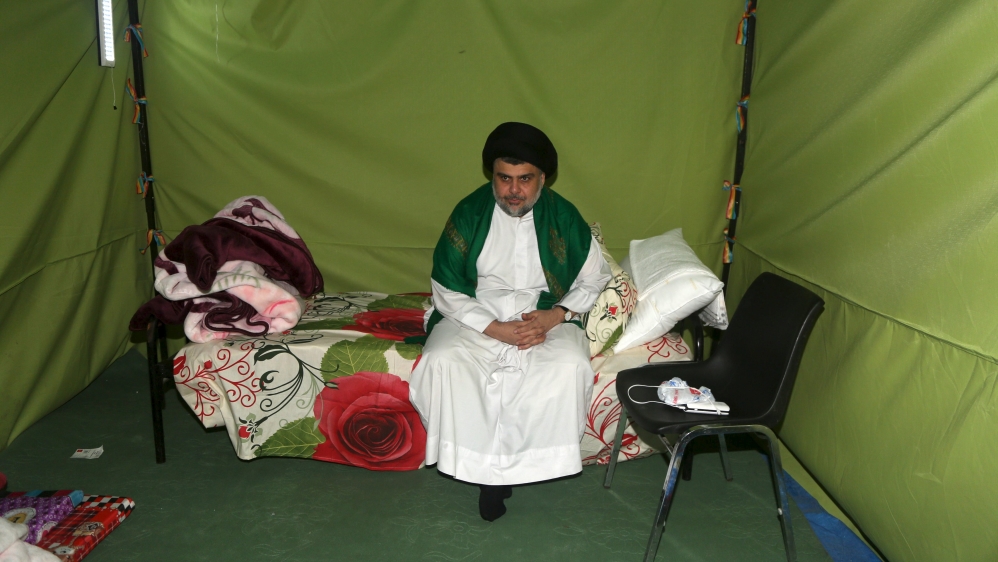 Iraqi Shi''ite Muslim leader Moqtada al-Sadr sits inside his tent during his sit-in inside the heavily guarded Green Zone in Baghdad