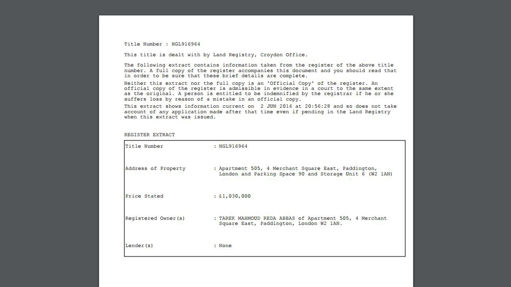 A screenshot of real estate documents showing Tareq Abbas' ownership of a high-end London flat 