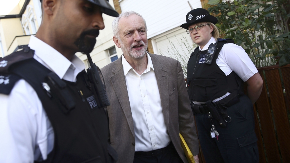 The leader of Britain''s opposition Labour party, Jeremy Corbyn, leaves his home in London