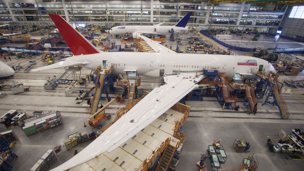 Workers at South Carolina Boeing work on a 787 Dreamliner