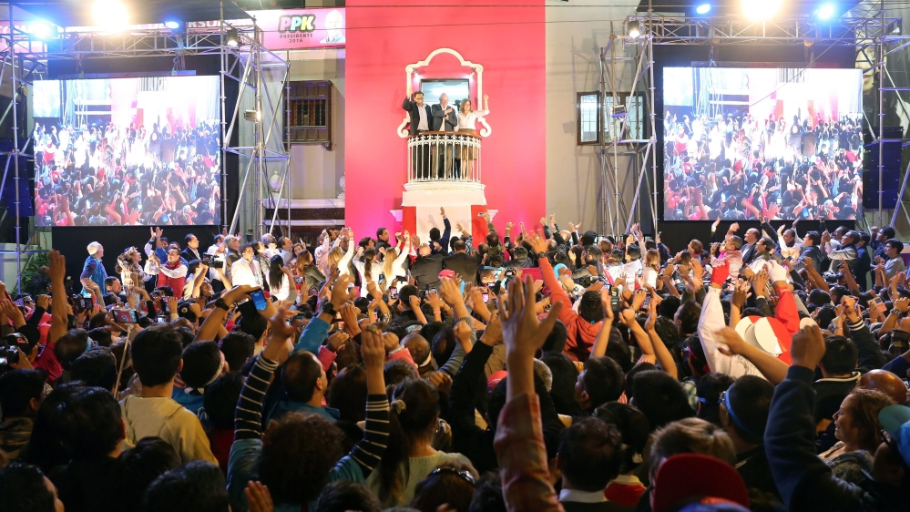 Peruvian presidential candidate Kuczynski addresses supporters as poll results begin to be released