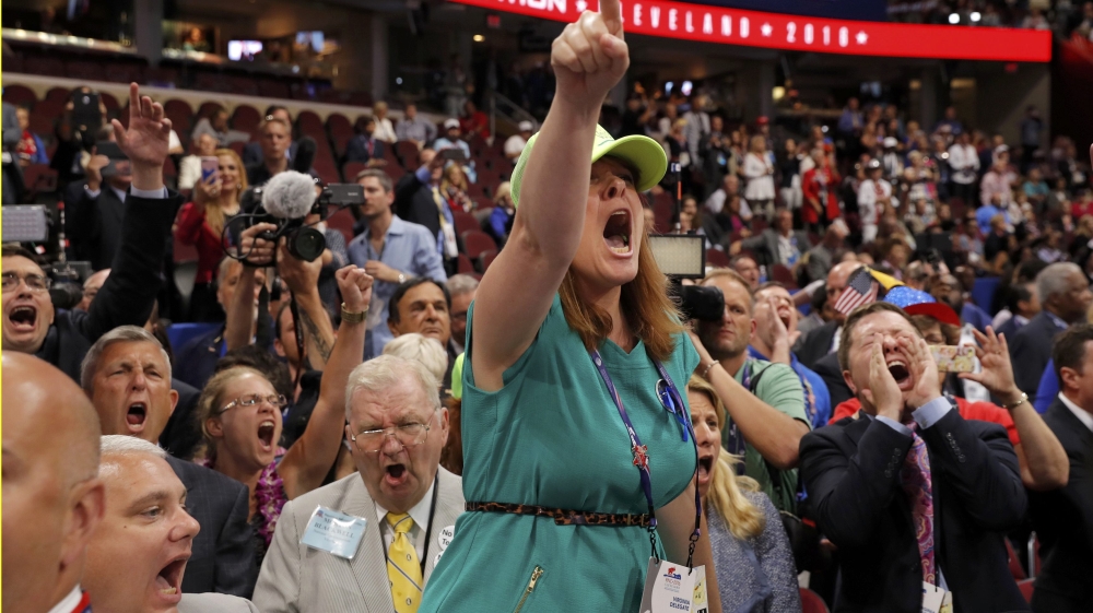 An opponent of the Republican National Convention Rules Committee''s report and rules changes screams at the Republican National Convention in Cleveland