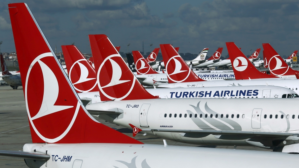 Turkish Airlines aircrafts are parked at the Ataturk International airport in Istanbul