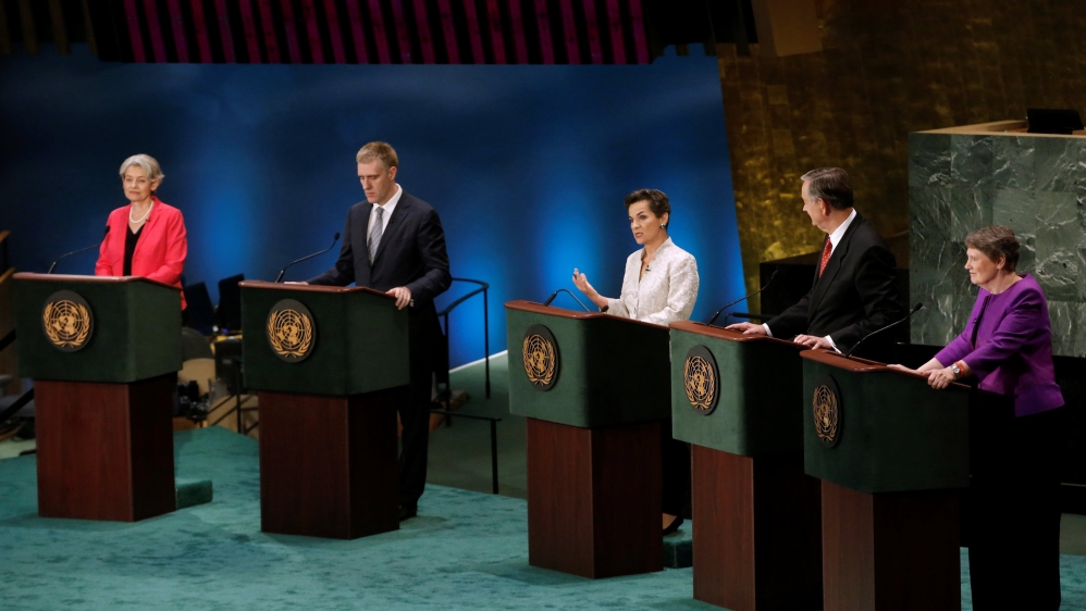 Former United Nations climate chief Christiana Figueres, centre, speaks during a debate in the United Nations General Assembly between candidates vying to be the next UN Secretary-General at UN headquarters in New York [Mike Segar/Reuters]