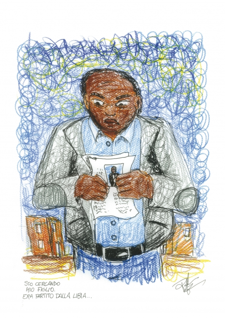 This illustration depicts a grieving father, who lost his son in the Lampedusa tragedy that claimed hundreds of lives [Drawing by Francesco Piobbichi]