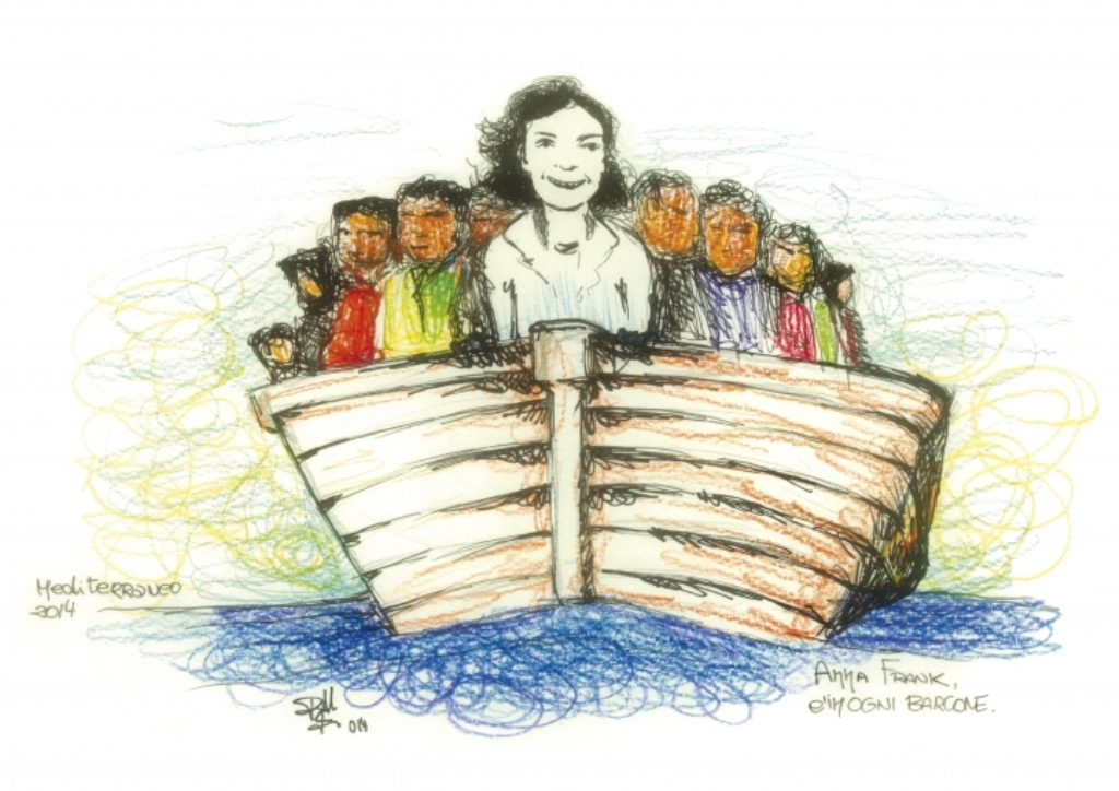 A sketch by Francesco illustrating Holocaust victim, Anne Frank, among the refugees crossing the sea   [Drawing by    Francesco Piobbichi] 