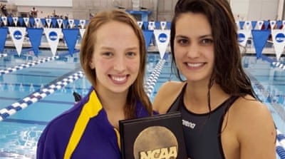 Sultan, right, with a teammate from Williams College, says she is excited to compete at the 2016 Olympics, but disappointed that it cannot be under the Kuwaiti flag [Courtesy of Faye Sultan]