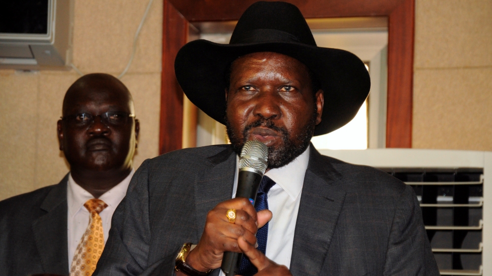South Sudan''s President Salva Kiir addresses delegates during the swearing-in ceremony of First Vice President Taban Deng Gai at the Presidential Palace in the capital of Juba