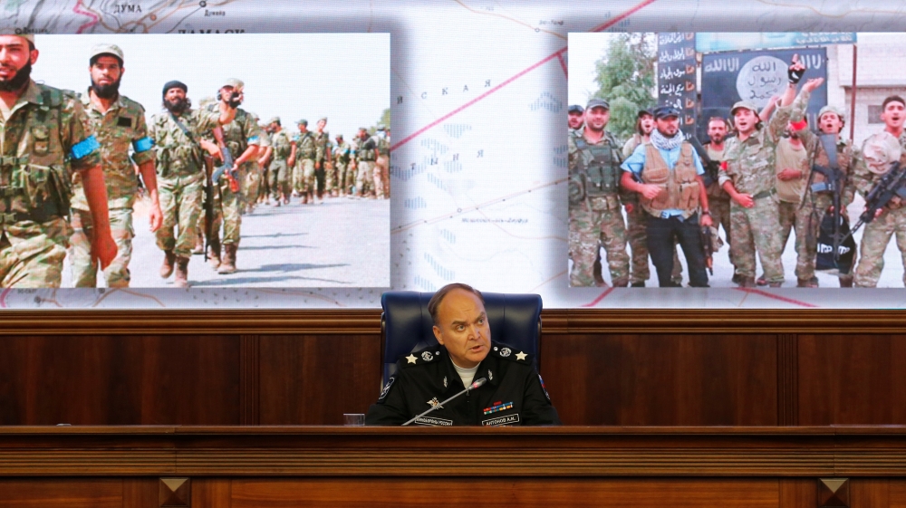 Russian Deputy Defence Minister Antonov speaks during news briefing on situation in Syria at Russian Defense Ministry in Moscow