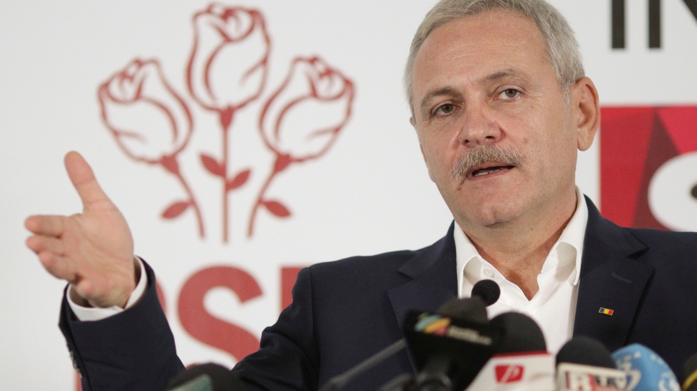 Leader of Romania''s leftist Social Democrat Party (PSD), Liviu Dragnea, gestures during a press conference following the end of the parliamentary elections, in Bucharest