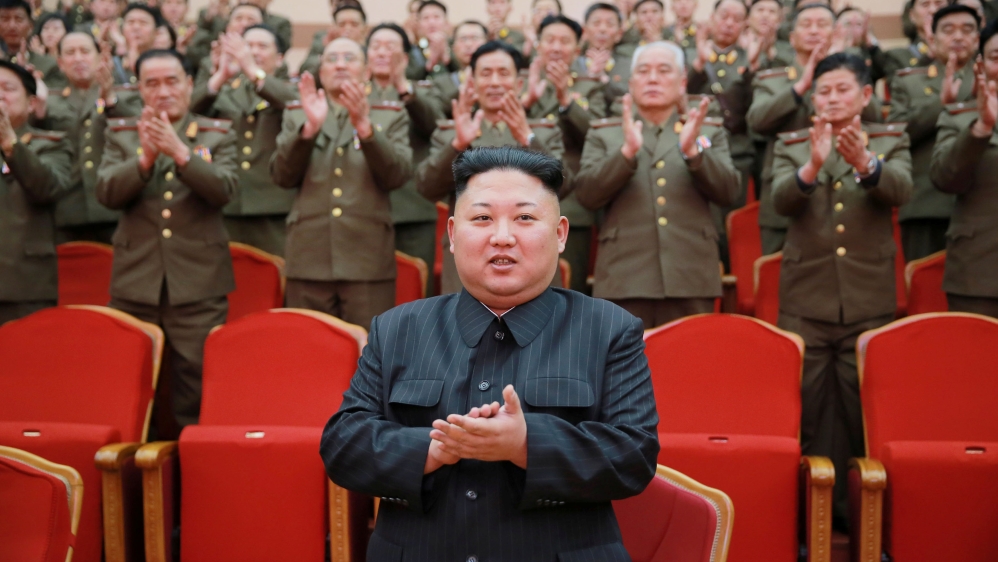 North Korean leader Kim Jong Un watches a performance given with splendor at the People's Theatre on Wednesday to mark the 70th anniversary of the founding of the State Merited Chorus