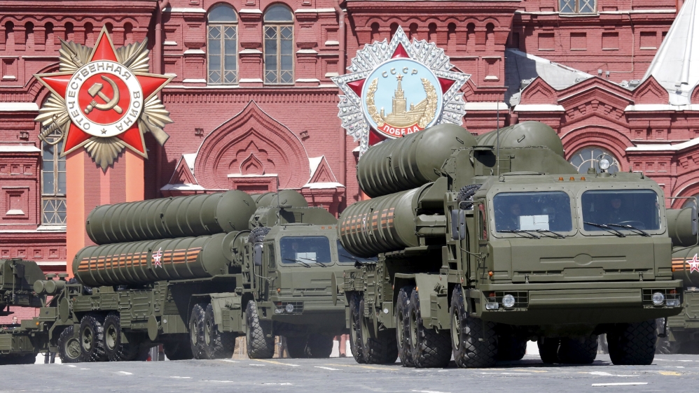 Russian S-400 air defence mobile missile launching systems drive during a rehearsal for the Victory Day parade in Red Square in central Moscow