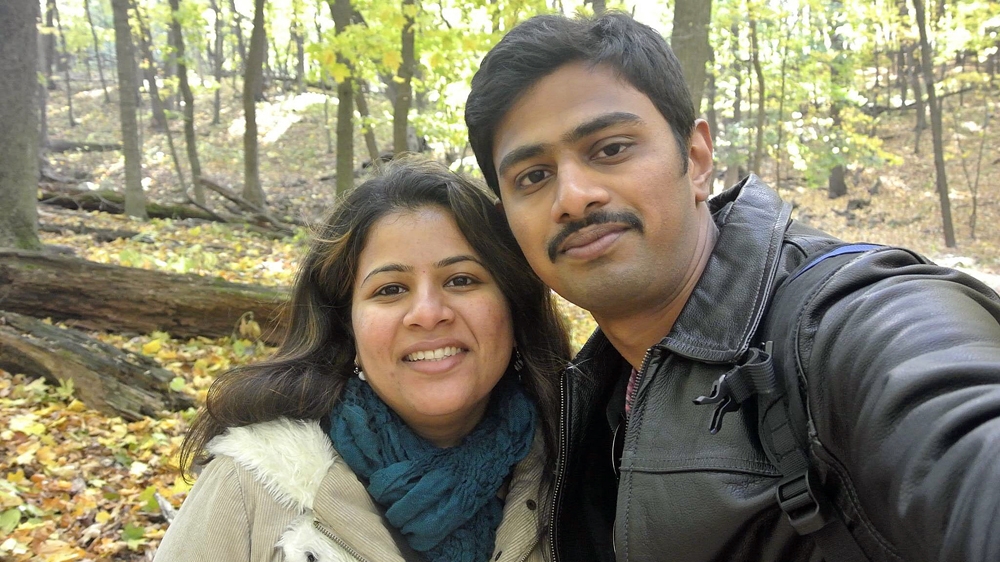 Srinivas Kuchibhotla, right, poses for photo with his wife Sunayana Dumala in Cedar Rapids, Iowa [File: Kranti Shalia/AP]