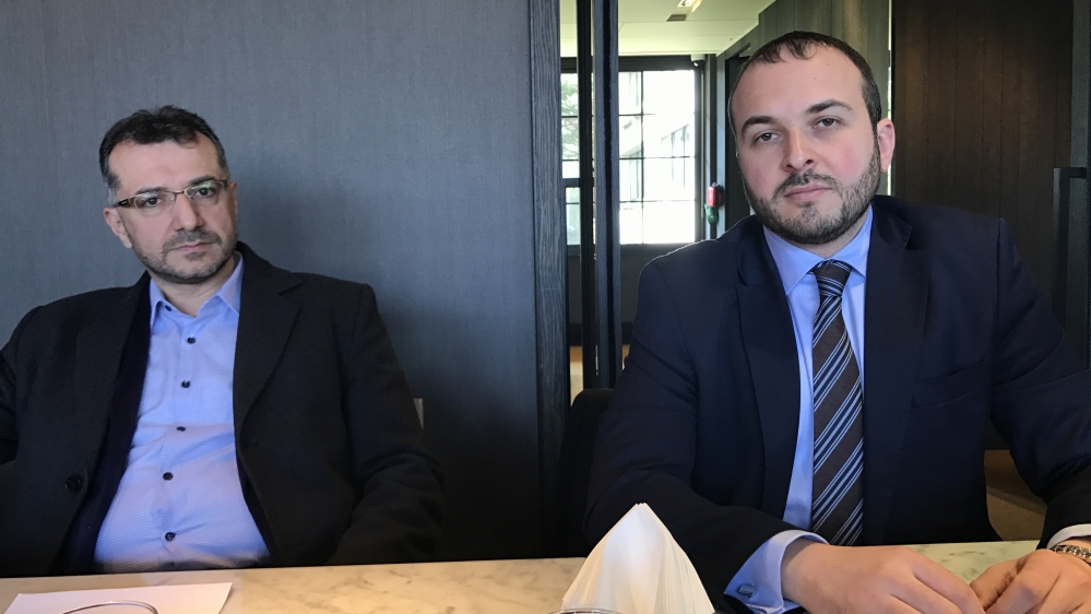 Mazen Kewara, left, and Mutasem Syoufi at the last round of political negotiations on the war in Syria, in Geneva [Zena Tahhan]