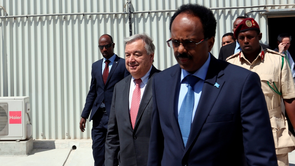 U.N. Secretary general Antonio Guterres and Somali President Mohamed Abdullahi Mohamed arrive for a joint news conference after their meeting in Somalia''s capital Mogadishu