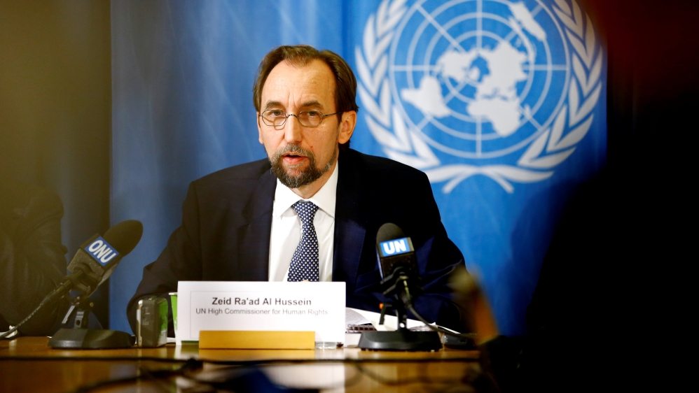 UN High Commissioner for Human Rights Zeid Ra''ad al-Hussein of Jordan speaks during a news conference in Geneva