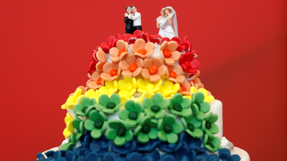 A cake is seen in the SPD fraction headquarters after a session of the lower house of parliament Bundestag voted on legalising same-sex marriage, in Berlin