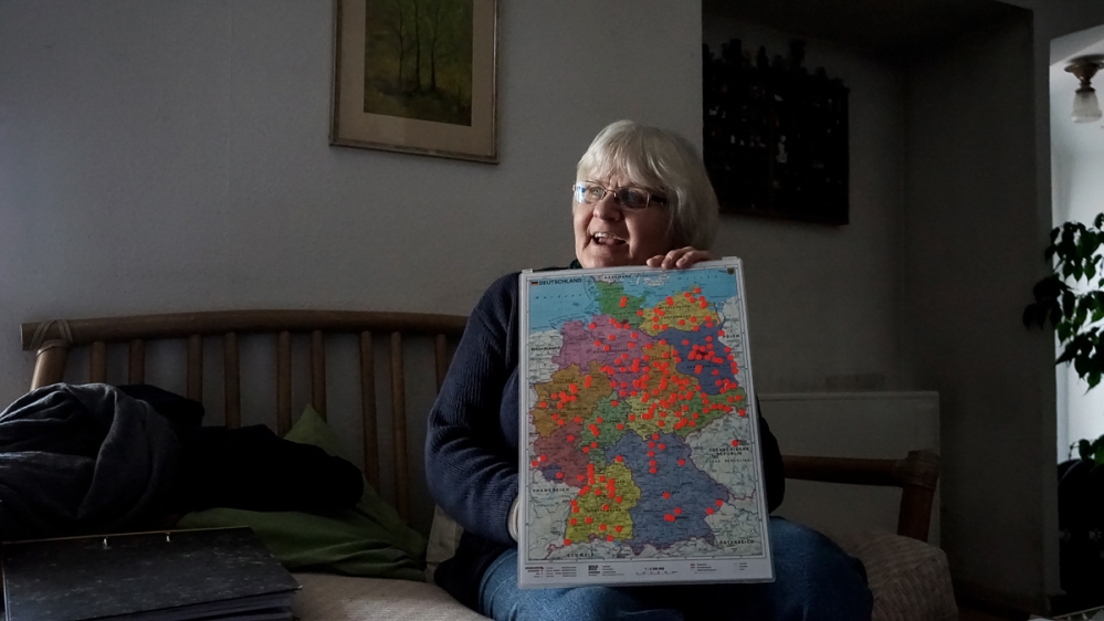 Mensah-Schramm keeps an updated map of all the cities and towns where she has defaced neo-Nazi propaganda [Patrick Strickland/Al Jazeera]