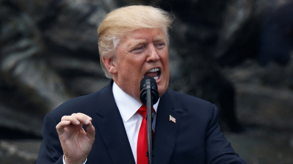 U.S. President Donald Trump gives a public speech in front of the Warsaw Uprising Monument at Krasinski Square, in Warsaw, Poland