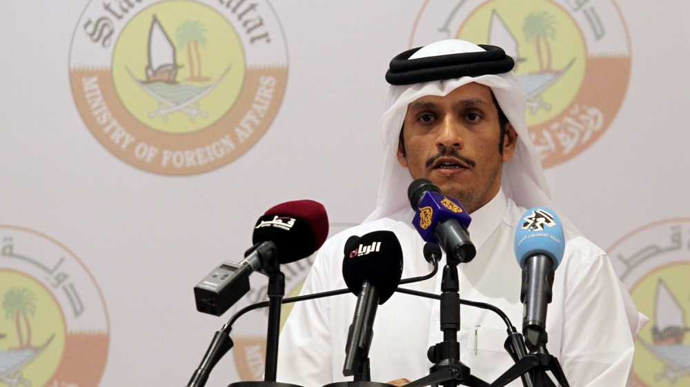 Qatar's Foreign Minister Sheikh Mohammed bin Abdulrahman Al Thani speaks to reporters in Doha [Naseem Zeitoon/Reuters]