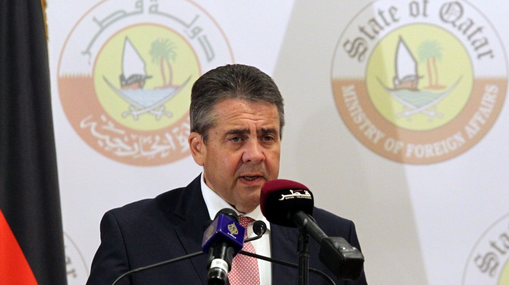 German Foreign Minister Sigmar Gabriel attends a joint news conference with Qatar''s Foreign Minister Sheikh Mohammed bin Abdulrahman al-Thani (not pictured) in Doha