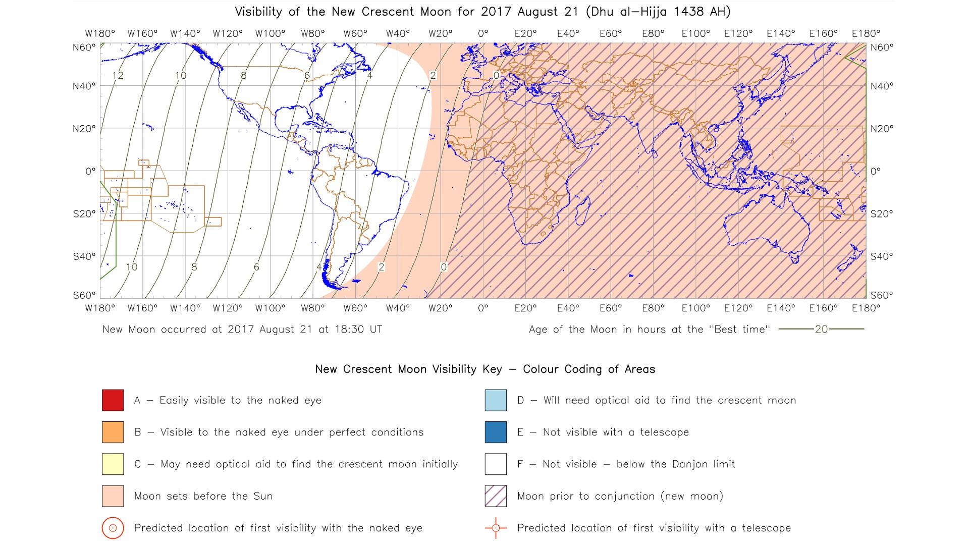 Visibility of the crescent moon on August 21 using the Yallop criterion [UK Hydrographic Office]