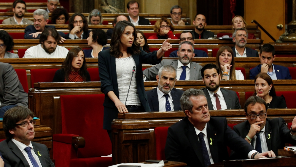 Catalan Ciudadanos leader Ines Arrimadas gestures during a plenary session at the Catalan regional Parliament in Barcelona