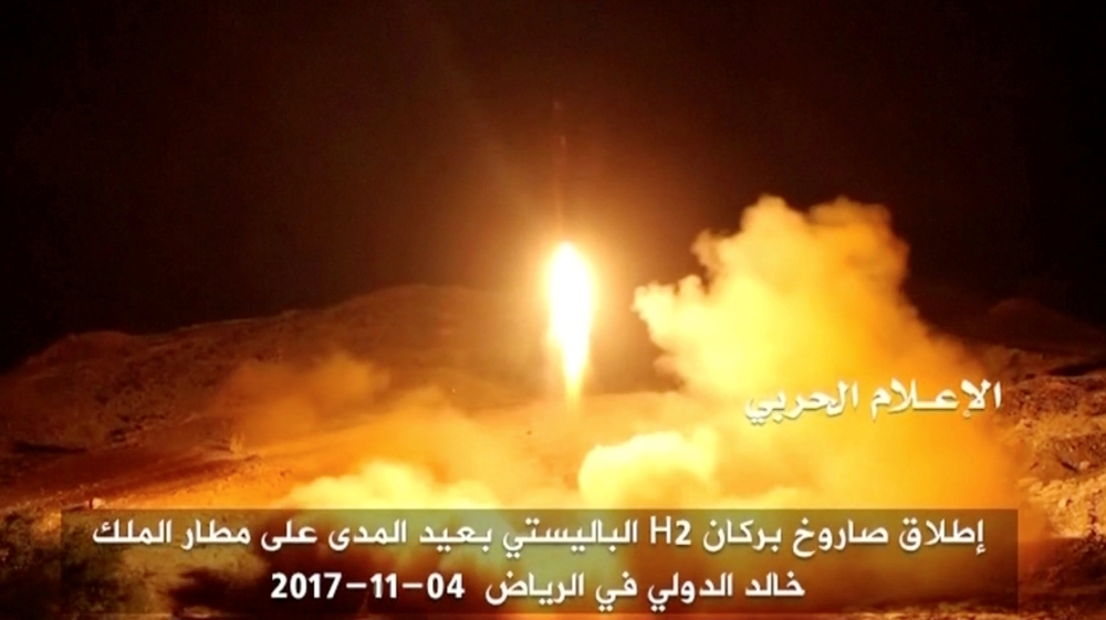 Yemen''s pro-Houthi Al Masirah television station shows what it says was the launch by Houthi forces of a ballistic missile aimed at Riyadh''s King Khaled Airport