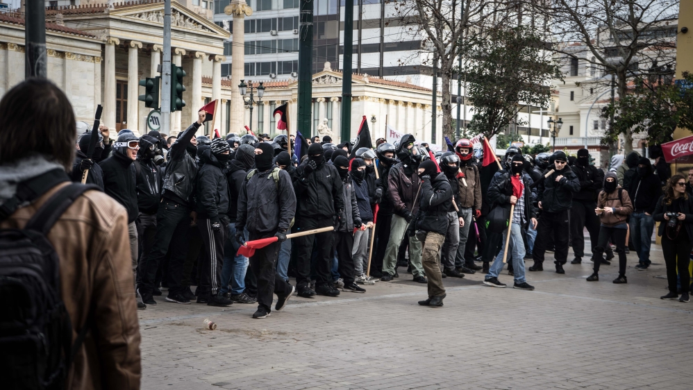 Anti-fascists staged a counter-demonstration in central Athens [Patrick Strickland/Al Jazeera] 