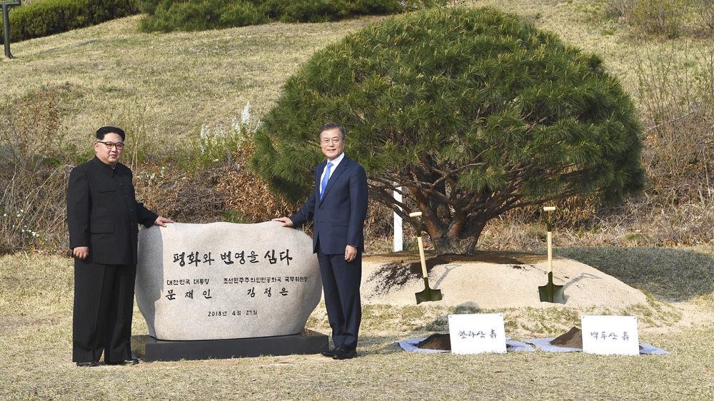 Kim and Moon scooped soil from both sides of the border on a 'peace and prosperity' pine tree [Korea Summit Press Pool/AP]