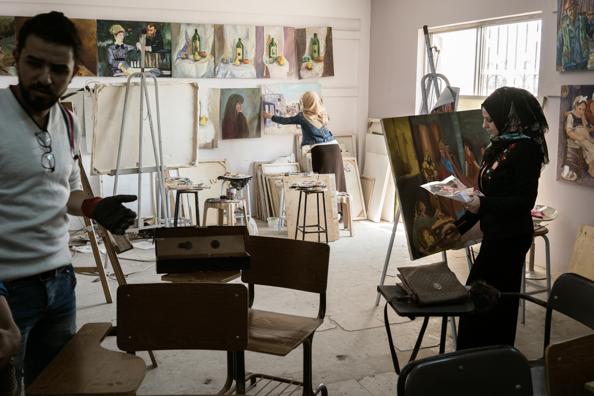 Students of the Art department at Mosul University in class. During Daesh occupation, the College of Fine Arts was restricted and no human face representation was allowed. Finally after three years st