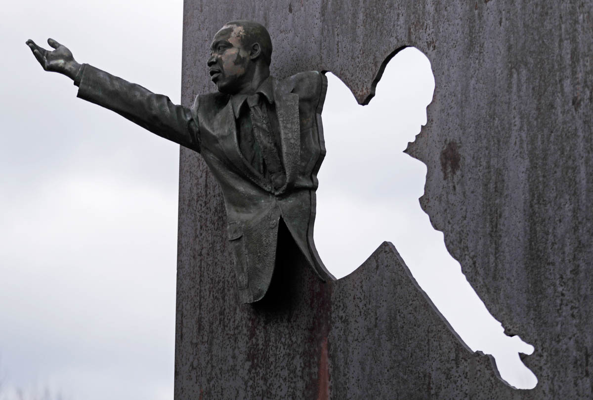 A sculpture of Martin Luther King Jr. is part of the memorial "Landmark for Peace" commemorating the site where Robert Kennedy delivered his words on the night of King''s assassination in Indianapolis,