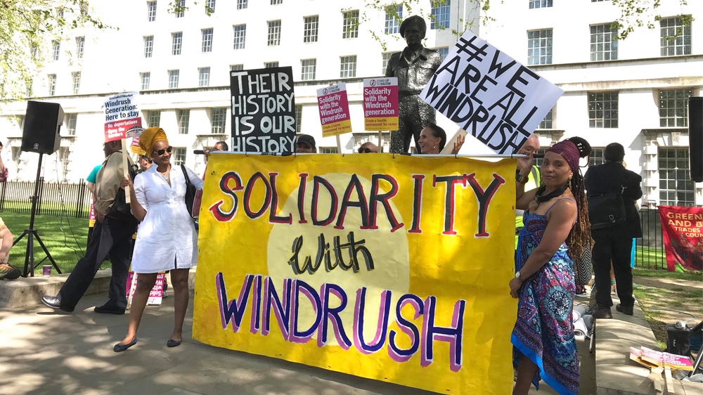 A protest was held in support of the Windrush community in Central London on May 5, 2018. [Claire Gilbody-Dickerson/ Al Jazeera]