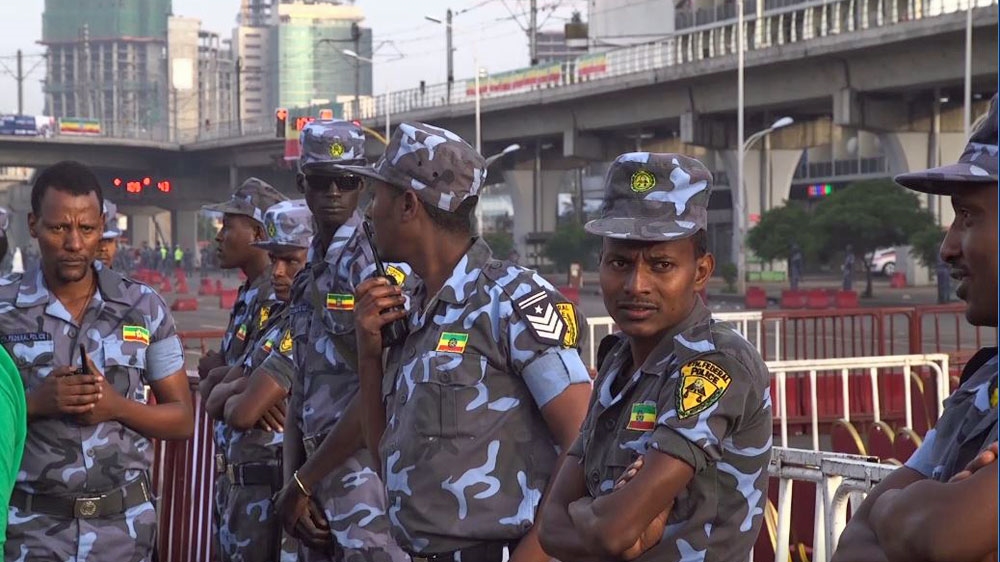Ethiopian police guarded the scene of the blast