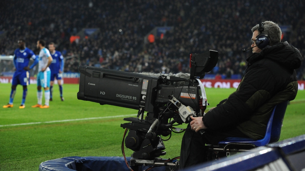 TV camera during the English Premier League soccer match between Leicester City and Newcastle United at the King Power Stadium in Leicester, England, Monday, March 14, 2016