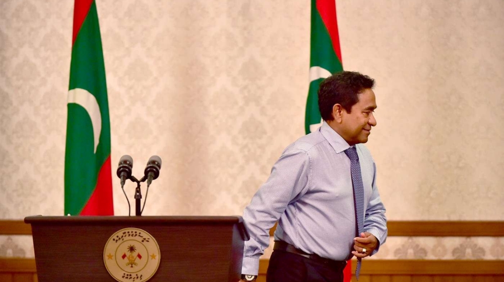 Maldivian President Abdulla Yameen leaves after giving a statement at President office in Male