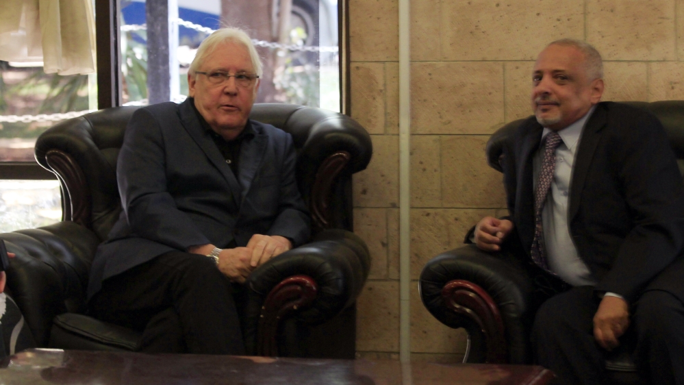 UN Special Envoy for Yemen Martin Griffiths (C) holds talks with a Houthi representative upon his arrival in Sana''a